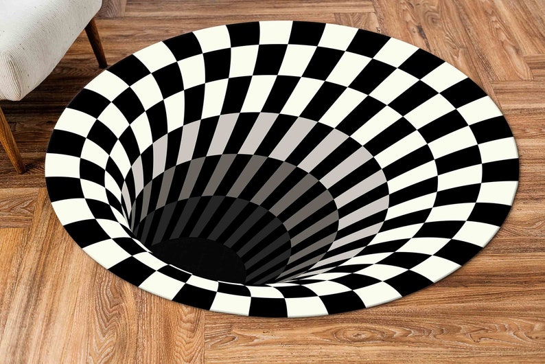 Illusion Rug, Optical Illusion Rug, Black And White Rug, Round Soft Rug, 3D Vortex Rug, Circle Rug, Small Rug, Home Decor Rug, Chenille Rug, image 1