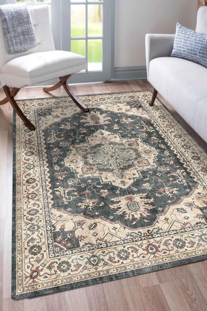 Dark Teal and Ivory Medallion Digital Rug, Vintage Kurdish Style ...