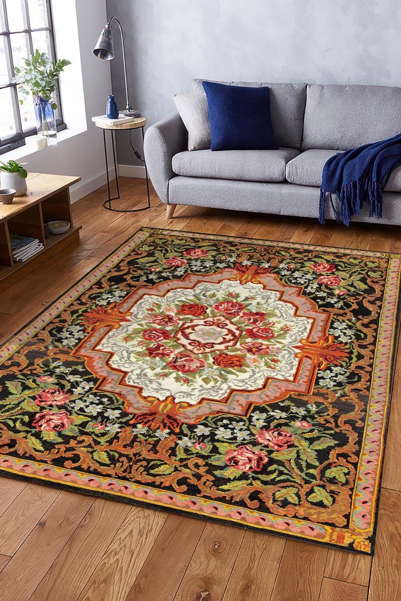 Floral Medallion Digital Rug, Vintage Tapestry Style Printed Carpet ...