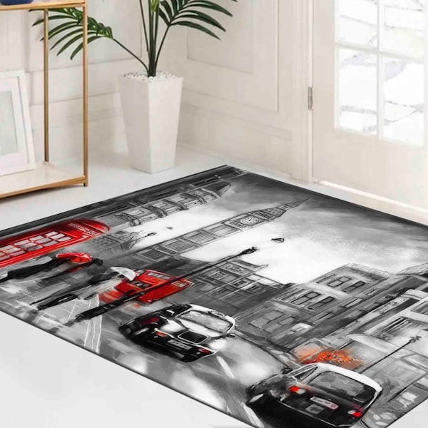 Red Umbrella Rugs, 3D Printeds Rug, View Rug, Non-Slip Carpet Rug, Rainy Day Rugs, London Telephone Box Painting Rug, Corridor Rugs,