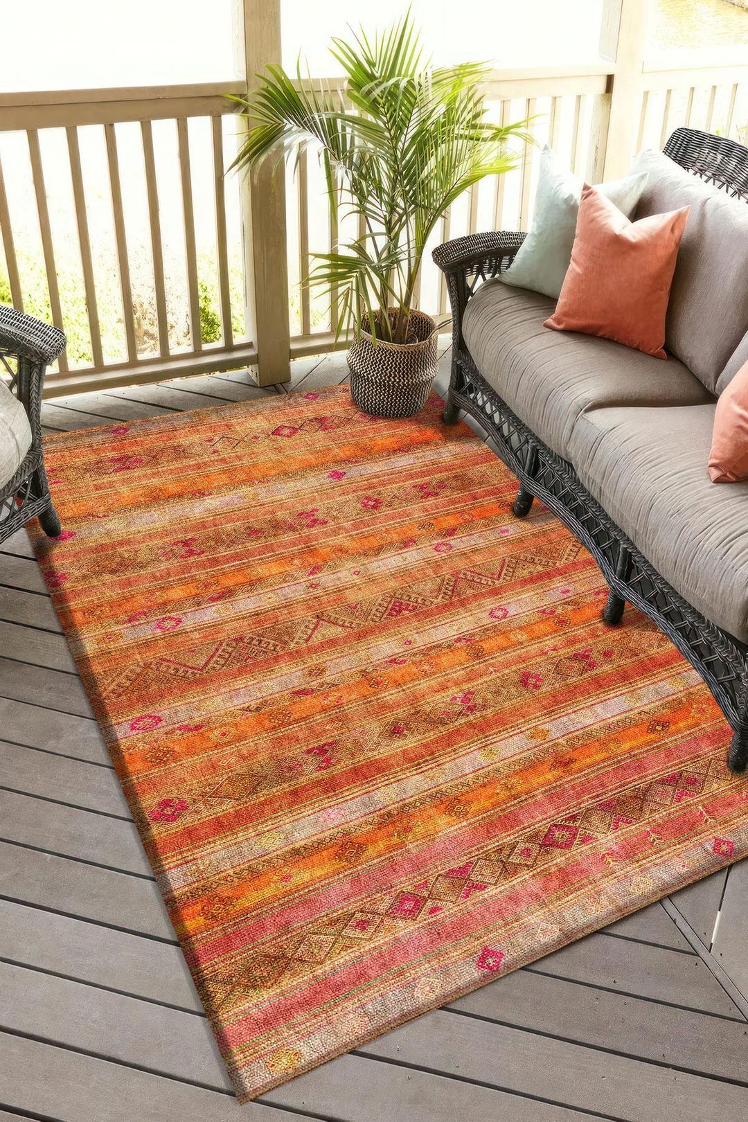 ボヘミアン風オレンジストライプデジタルラグ、鮮やかなトライバル柄