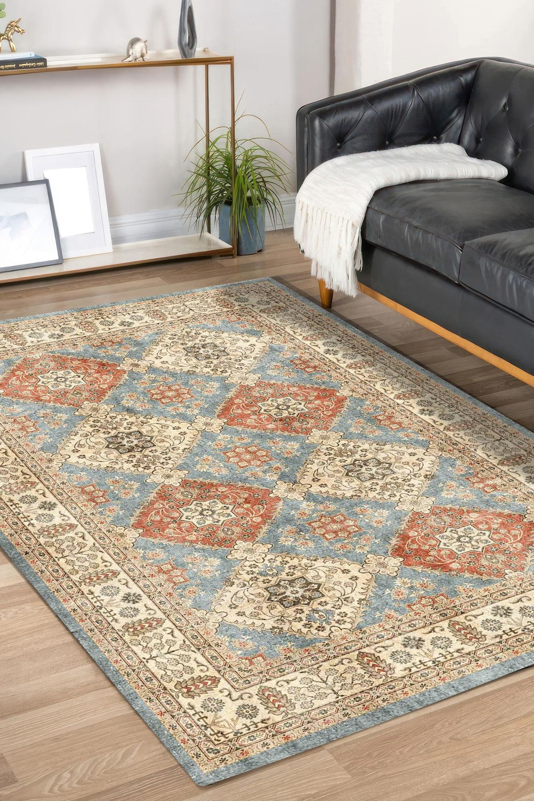 錆と青の幾何学模様のデジタルラグ、ヴィンテージダイヤモンド柄