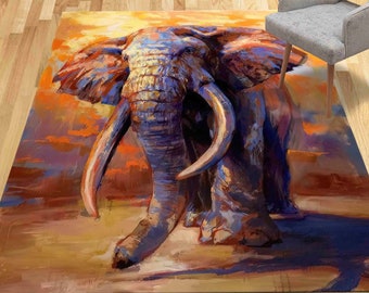 Area Rug, Home Decor Rugs, Luxury Rugs, Yellow Rug, Salon Rug, Elephant Painting Rug, Elephant Lover Gift Rug, Animal Rugs, Runner Rug,