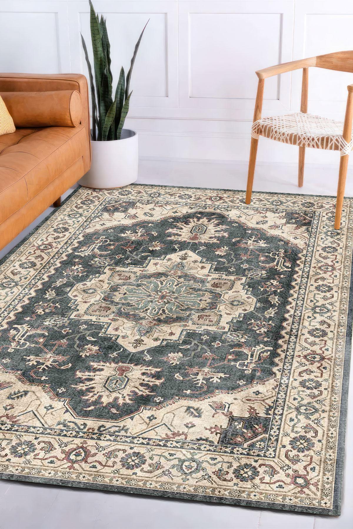 Devora Digital Rug Dark Teal and Ivory Medallion Digital Rug, Vintage Kurdish Style ...