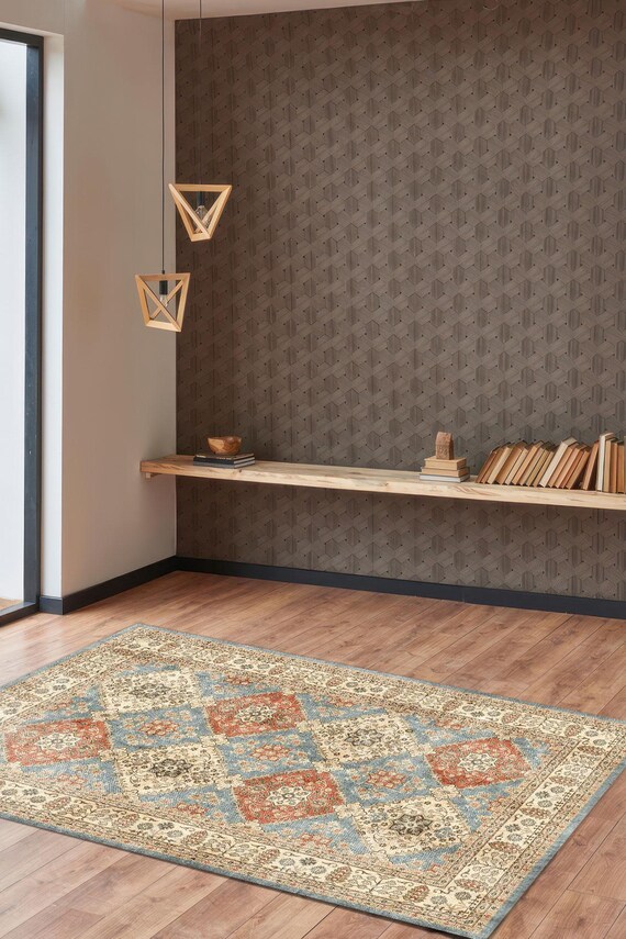 錆と青の幾何学模様のデジタルラグ、ヴィンテージダイヤモンド柄