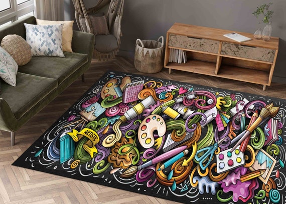 Painter Rug, Colorful Rug, Brushes Rug, Artistic Rug, Hobby Room Rug, 3D Printed Rug, Luxury Rug, Modern Rugs, Non Slip Rug, Hallway Rug, 