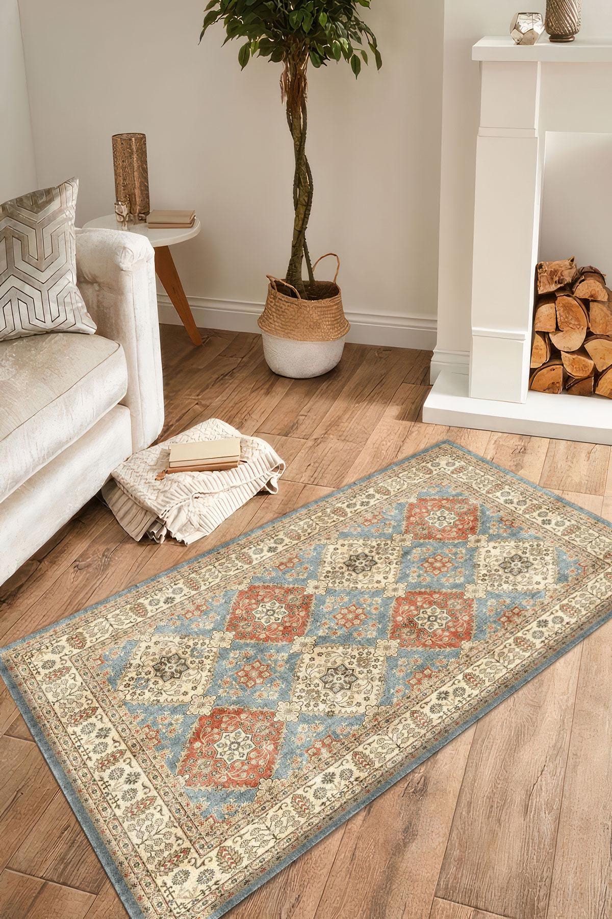 錆と青の幾何学模様のデジタルラグ、ヴィンテージダイヤモンド柄