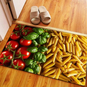 Modern Rug, Pattern Rugs, Car Mat Rug, Basil Rug, Popular Rugs, Italian Pasta Rug, Tomatoes and Basil Rug, Indoor Rugs, Kitchen Rug,
