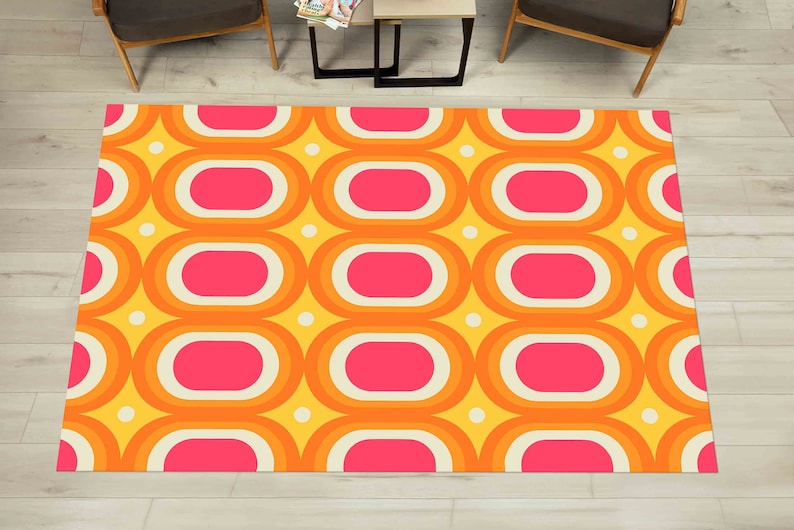 Retro Rugs, 70s Rug, Orange Rugs, Modern Rugs, Office Rug, Customs Rug, Pink Rug, Hallway Rug, Machine Washable Rug, Personalized Rug, image 3