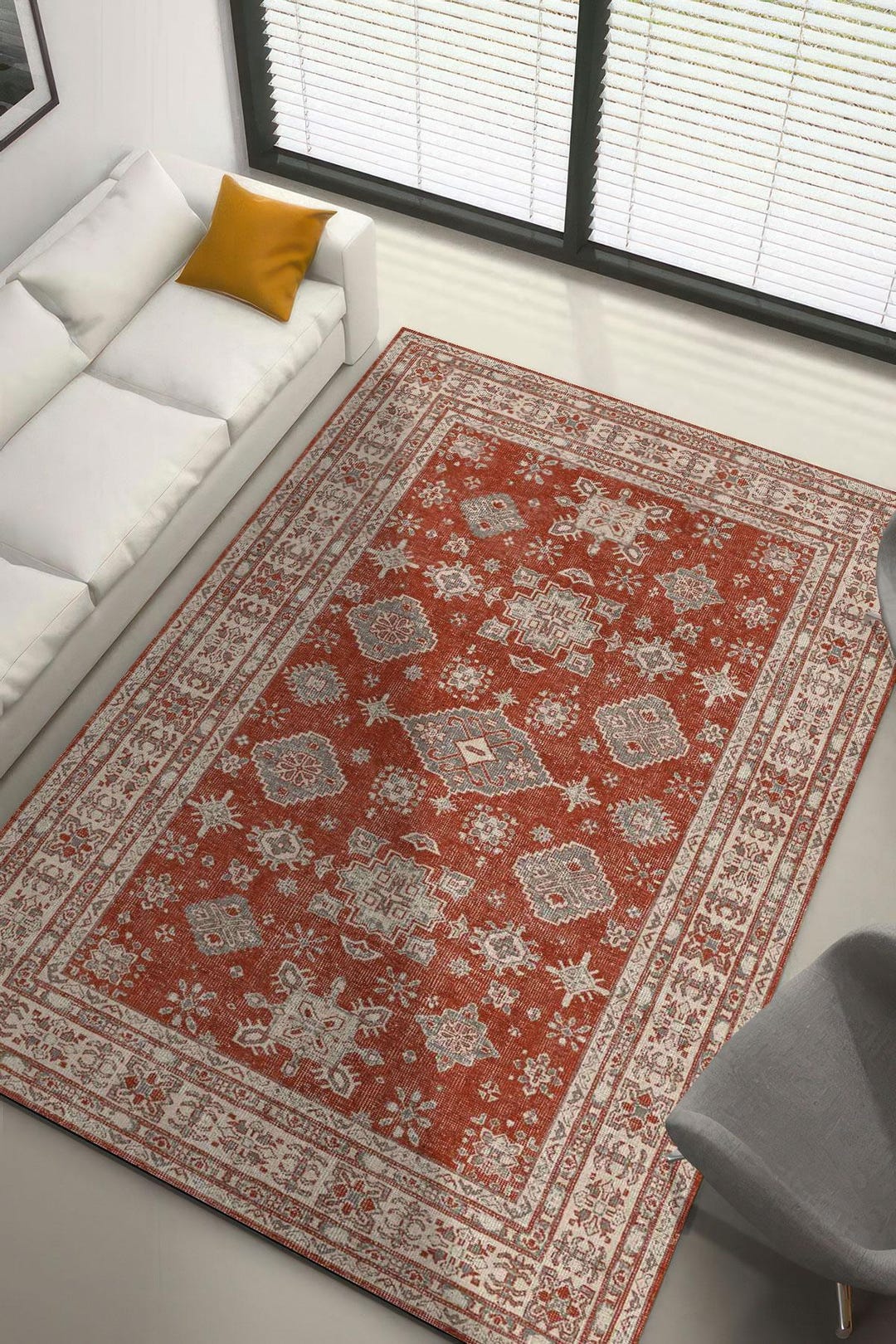 Devora Digital Rug Rust Red and Ivory Digital Rug, Vintage Oriental Style Printed Carpet ...