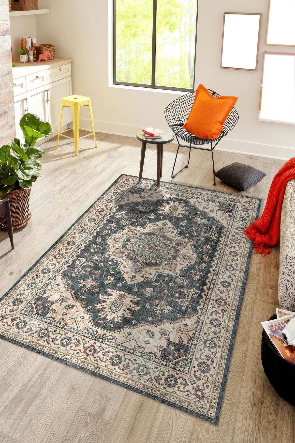 Devora Digital Rug Dark Teal and Ivory Medallion Digital Rug, Vintage Kurdish Style ...