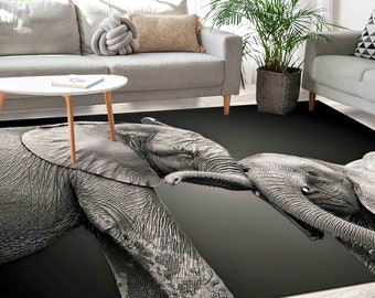 Two Elephant Rugs, Black and White Rug, Animal Rugs, Personalized Rugs, Customs Rugs, Chenille Rug, Lovely Elephant Rugs, Office Decor Rugs,