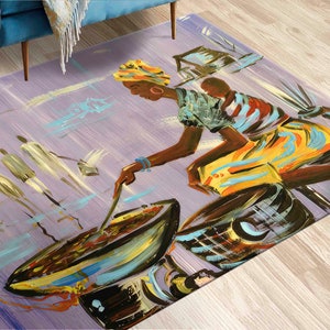 Stair Rug, Ethnic Rugs, African Woman Cooking Rugs, Abstract Rug, Indoor Rugs, African Mother Cooking Rugs, Gift For Him Rugs, Large Rug,