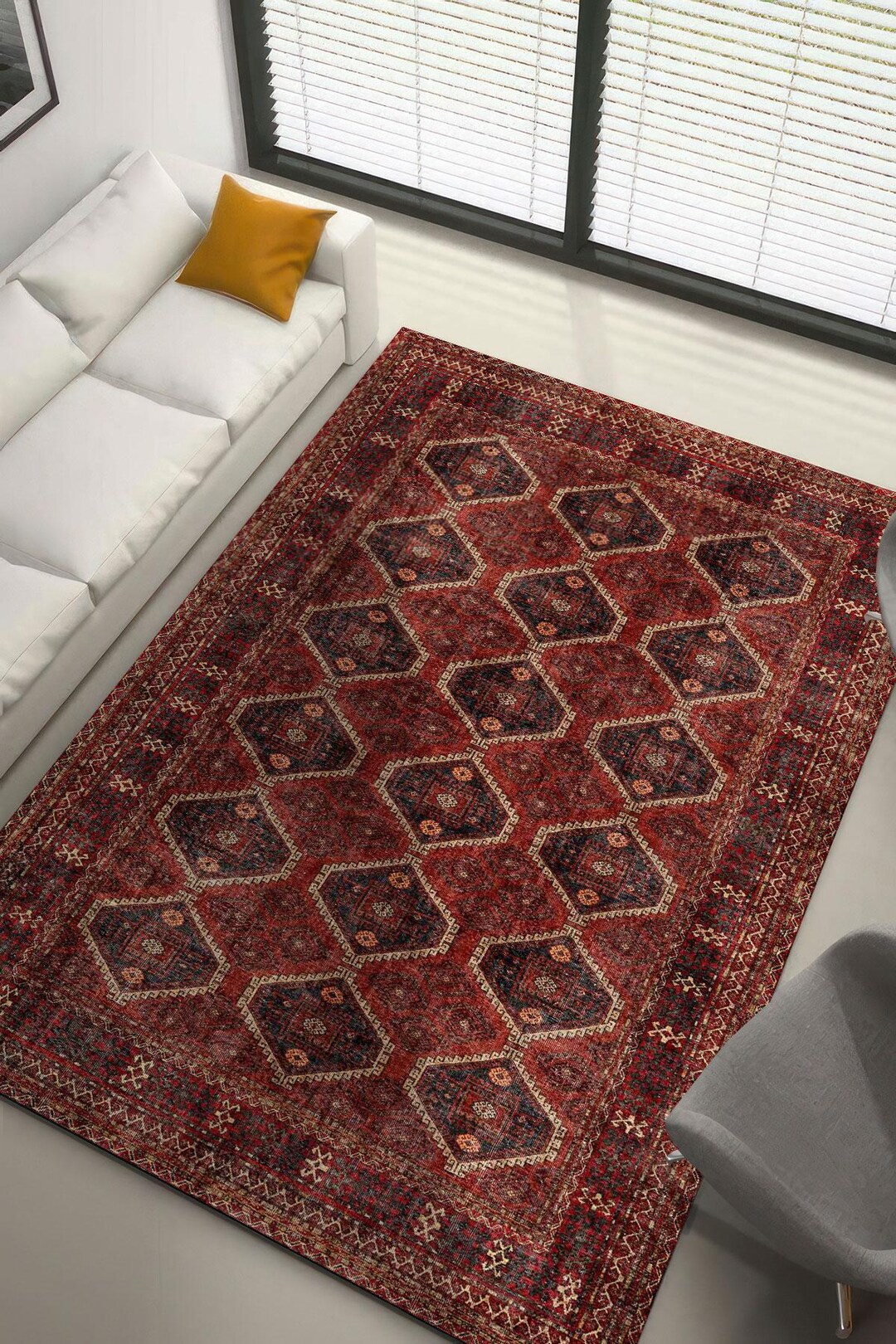Devora Digital Rug Rust and Black Tribal Digital Rug, Diamond Pattern Vintage Printed ...