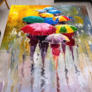 People with Umbrella Rug, Rainy Day Rug, Umbrella Rug, Modern Rugs, Personalized Rug, Thin Rug, Entryway Rug, Corridor Rug, Colorful Rug,