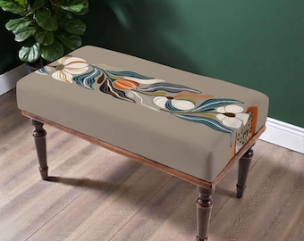 Beige Abstract Floral Bench, Modern Upholstered Furniture, Artistic Botanical Seating, Entryway Bench, Bedroom Accent Decor