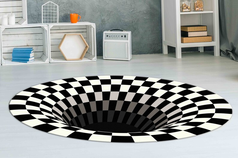 Illusion Rug, Optical Illusion Rug, Black And White Rug, Round Soft Rug, 3D Vortex Rug, Circle Rug, Small Rug, Home Decor Rug, Chenille Rug, image 3