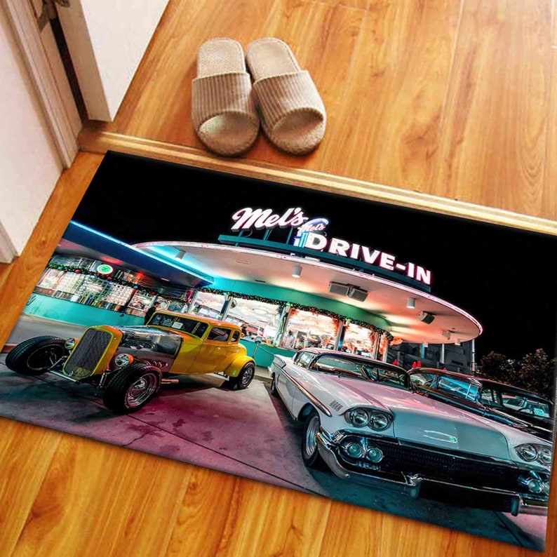 Iconic Cars Rug Retro Cars Rug, Indoor Rug, Floor Rugs, Vintage Drive in Scenery Rugs ...