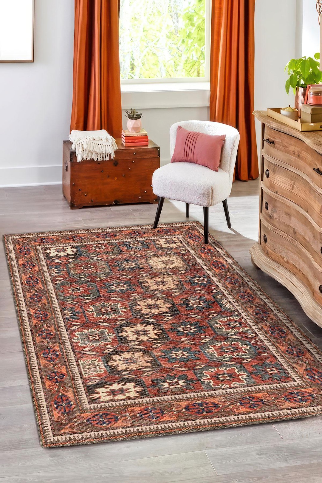 Rust and Navy Kilim Digital Rug, Traditional Tribal Style Printed ...