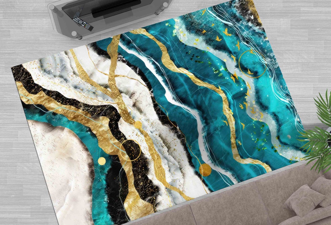 Modern Marble Rugs, 3D Printeds Rugs, Blue and Gold Marble Rug, Blue ...