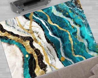 Moderne Marmorteppiche, 3D gedruckte Teppiche, Blauer und goldener Marmorteppich, Blauer Marmorteppich, Alkohol Tinte Teppich, Kleine Teppiche, Personalisierte Geschenke Teppiche,