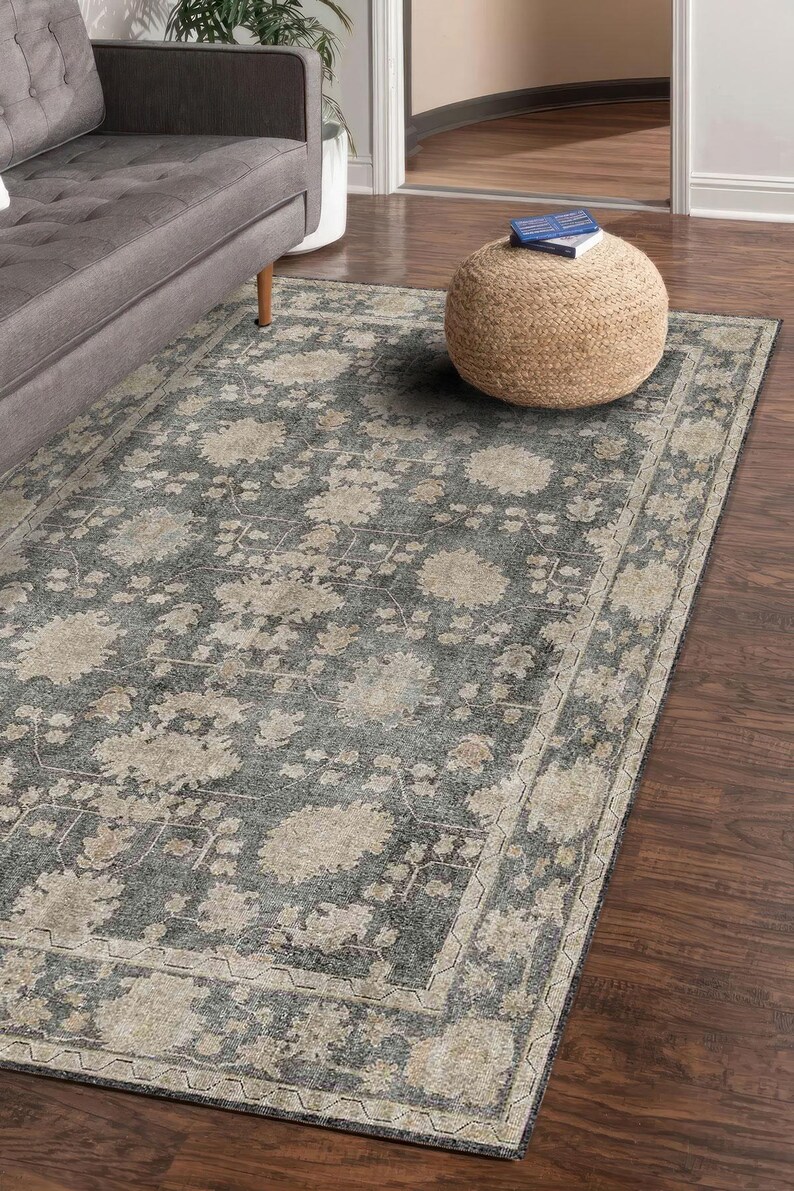 Faded Blue and Beige Vintage Digital Rug, Floral Medallion Pattern ...