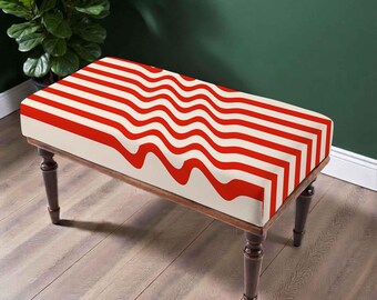 Red Wave Stripe Bench, Cream Upholstered Furniture, Optical Line Design, Retro Modern Seating, Bold Graphic Accent Bench