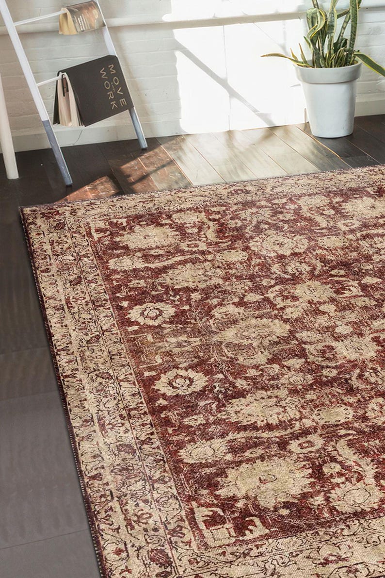 Burgundy and Beige Vintage Digital Rug, Floral Medallion Pattern Carpet ...