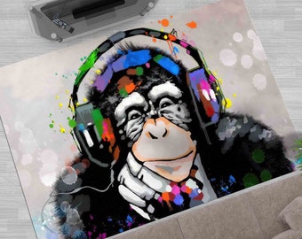 Banksy Rug, Thinking Monkey Rug, Animal Rug, Bedroom Rug, Headphone Monkey Rug, Gift For Him Rugs, Banksy Thinking Monkey Rugs, Runner Rug,