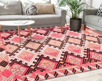 Alfombra rosa, alfombras con diseño Kilim, alfombra Navajo, alfombras de estilo kurdo, alfombra turca, alfombra fina, alfombra fresca, regalo para ella, alfombra personalizada, alfombra de boda,