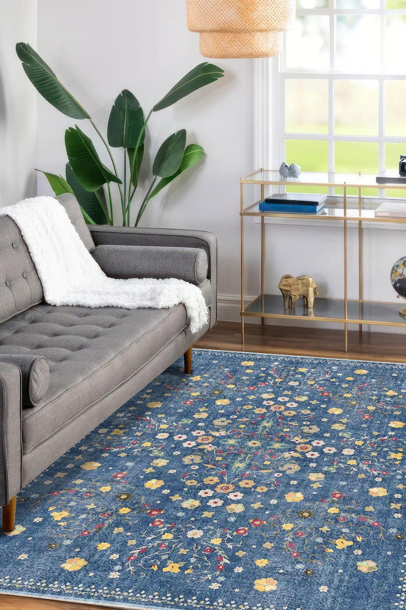 Blue Floral Digital Rug, Whimsical Botanical Style Printed Carpet ...