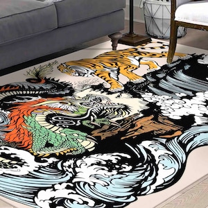 Dining Room Rugs, Animal Rugs, Kitchen Rugs, Dragon Vs Tiger Rug, Japanese Tiger and Dragon Rugs, Dragon Rug, Tiger Rugs, Gift For Him Rugs,