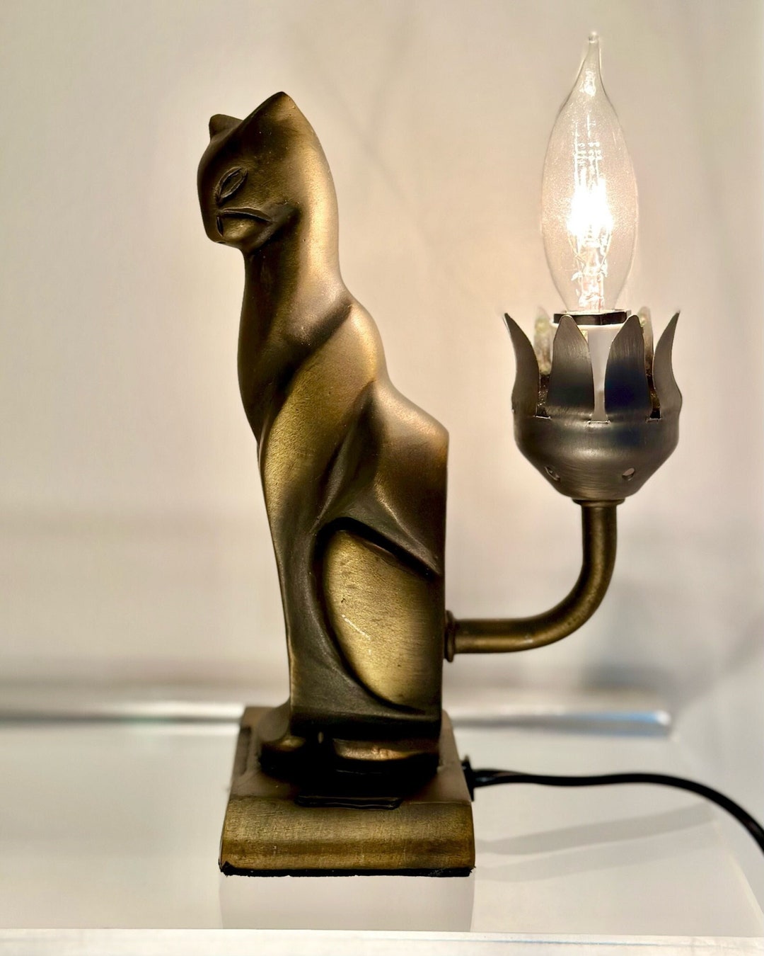 Art Deco Frankart Style Solid Bronze Cat Lamp Etsy