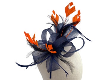 Navy Blue mesh loop bow fascinator headband and clip with trimmed orange diamond tip feathers ascot races wedding guest mother of the bride