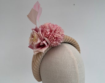 Pink Rose and chrysanthemum flower on a cream headband Fascinator with feathers For Wedding Races Halo Mother of The Bride