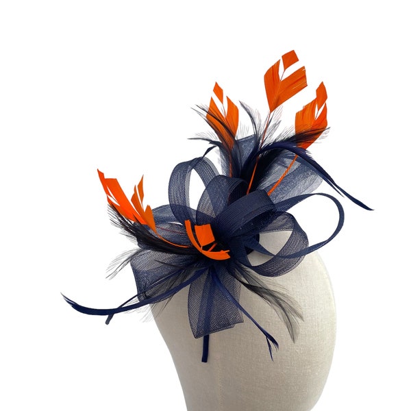 Navy Blue mesh loop bow fascinator headband and clip with trimmed orange diamond tip feathers ascot races wedding guest mother of the bride