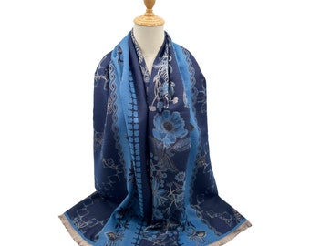 New Ladies light and dark blue flower design winter reversible scarf warm Christmas present idea cat lover present