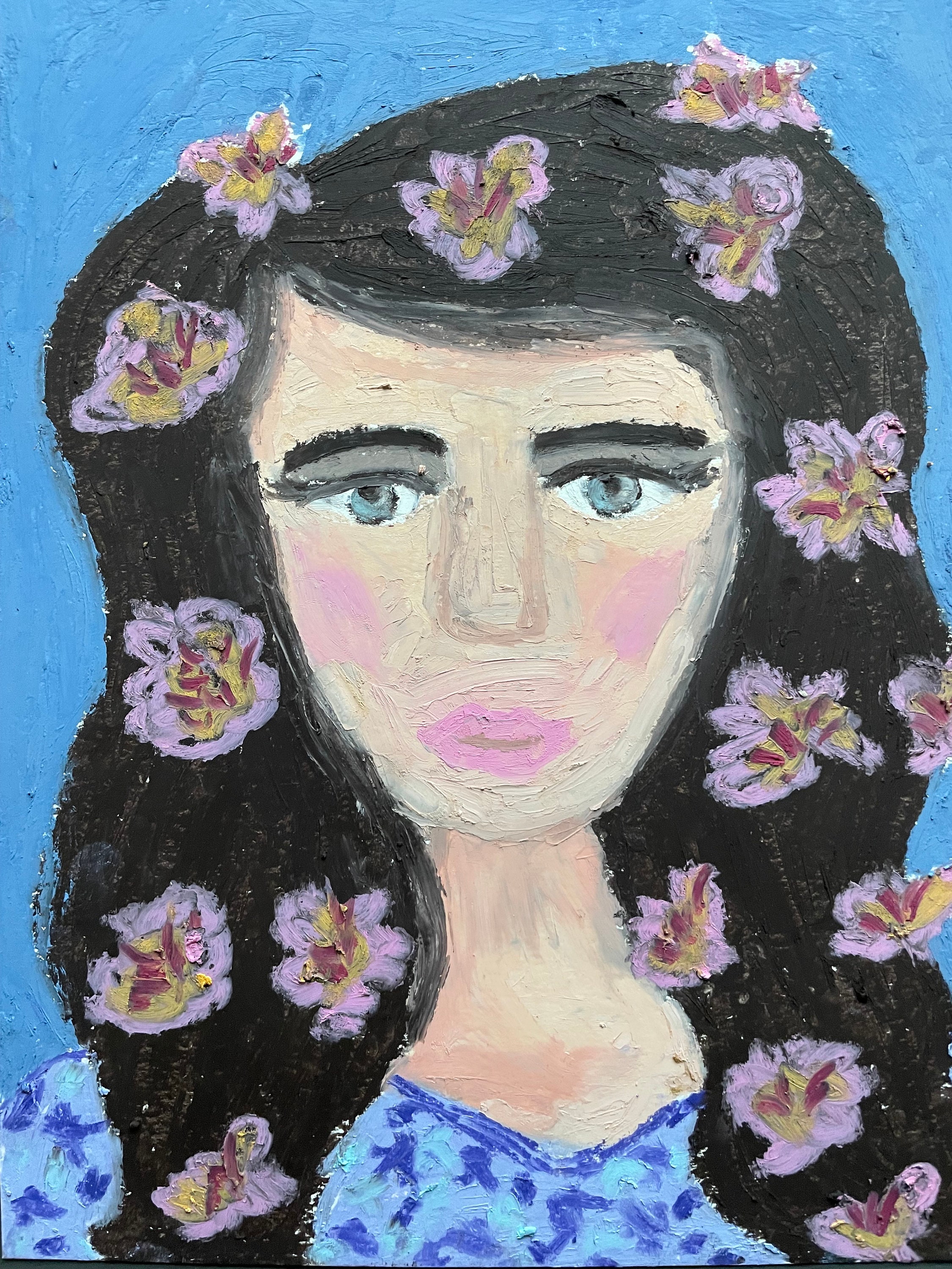 Original Oil Pastel Portrait: Colorful Floral Art (9x12 In) - Etsy