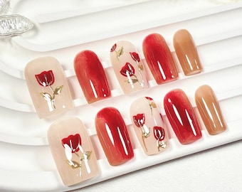 Personalized Handmade Painted Rose Press On Nails Reusable Nails Fake Nails Colorful Cute Premium Fake Nails