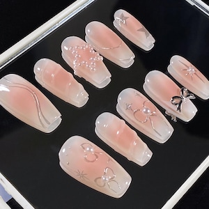 Personalized Pink 3D Bowknot | Premium Press on Nails | Reusable Gel Nails | Cute Colorful Artist Nails | Daily Friendly Nails