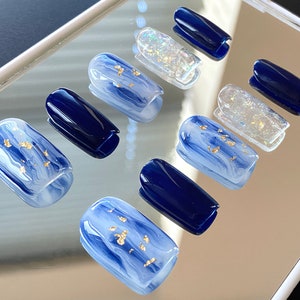 Personalized Blue Marble Gold Leaf Clear | Premium Press on Nails | Reusable Nails | Cute Colorful Nails | Daily Nails