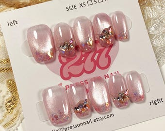 Uñas postizas personalizadas con diseño de ojo de gato brillante / Uñas adhesivas de primera calidad / Uñas reutilizables con lentejuelas brillantes / Uñas para uso diario / Uñas postizas cortas