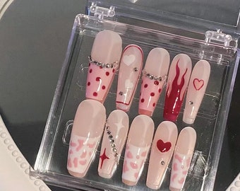 Llama rosa personalizada / Uñas postizas premium / Uñas de gel reutilizables / Uñas de artista coloridas y lindas / Uñas de fiesta