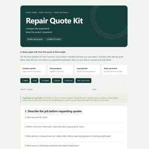 Repair Quote Kit | Contractor Bid Comparison & Home Project Organizer