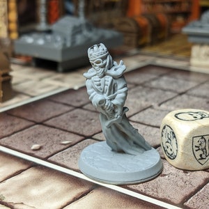 May include: A gray plastic miniature of a skeletal figure wearing a crown and holding a sword. The figure is standing on a gray base. A wooden dice with a skull and a coat of arms is in the background.
