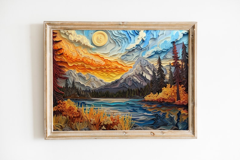 3D Paper Quilling Landscape Printable Art, Original Painting, Fine Art