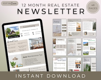 May include: A digital marketing template for a real estate newsletter. The template features a 12-month calendar with a different real estate topic for each month. The template is designed to be used by real estate agents to promote their services and connect with potential clients.