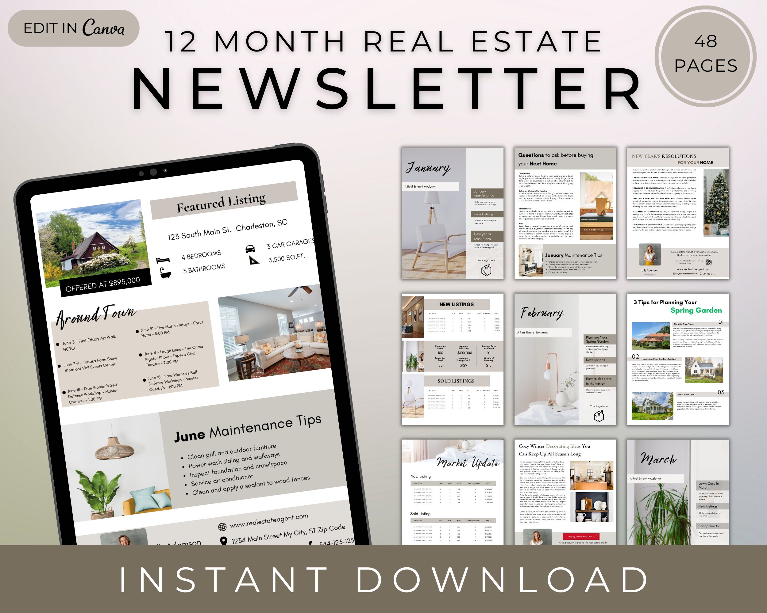 Real Estate Newsletter Templates - 12 Month Newsletter, Canva Email ...