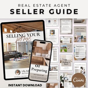 以下が含まれることがあります： 「Selling Your Home」というタイトルの、リビングルームの写真が掲載された、家を売却するためのデジタルガイド。このガイドは、すぐにダウンロードできます。このガイドには、家の準備、買い手の探し方、交渉、信頼できるリソースに関するセクションが含まれています。このガイドはCanvaで作成されました。