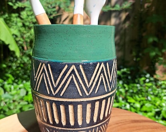 Green Stoneware Utensil Holder - Handmade Ceramic Utensil Holder - Green Kitchen Container